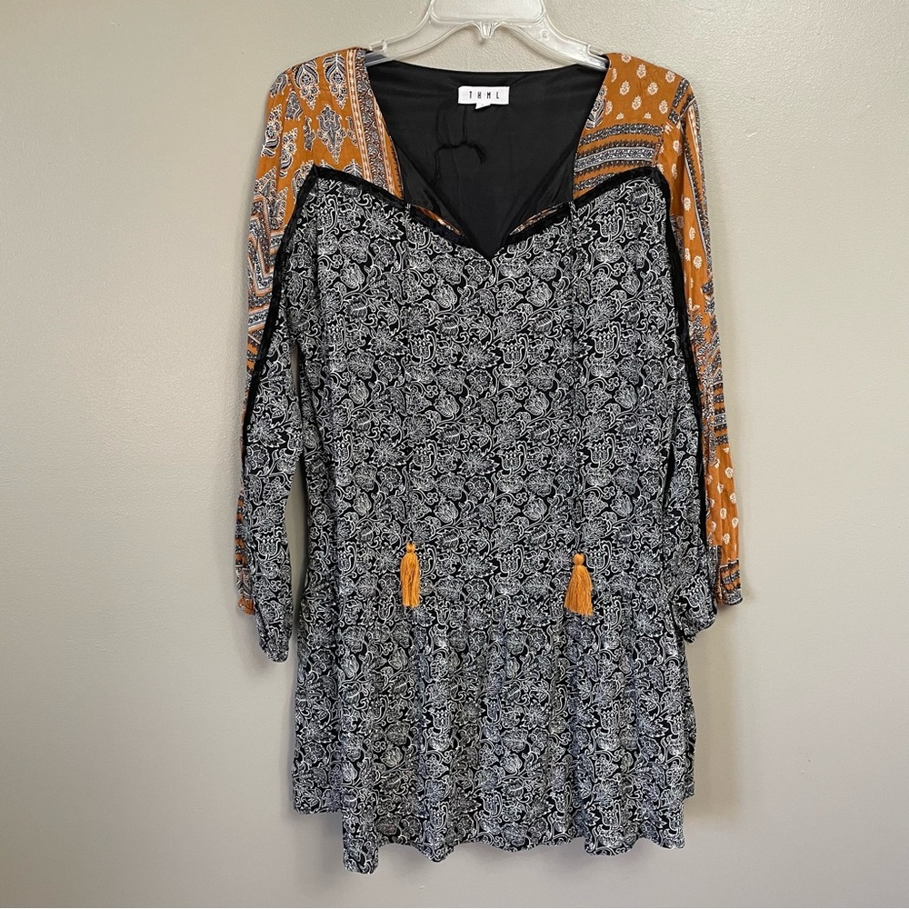THML Womens Large tunic top Tassel Tie Long Sleeved Top Boho Peasant black